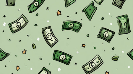 This cartoon illustration depicts money notes in mid-air against a light green background. The money is green, with cartoon details and black outlines. The composition features several bills and golden stars. It is suitable for design projects, finance concepts, or as decorative elements.の素材