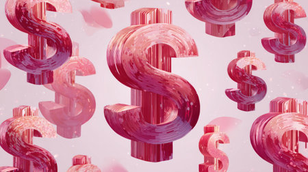 This image presents several dollar sign illustrations with a pink to red gradient. The graphic design features a repeating pattern across a light background. The style appears contemporary, suitable for commercial projects or editorial use. The composition uses multiple dollar signs to create an eye-catching visual.の素材