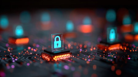 An illuminated padlock icon sits atop a microchip on a circuit board, suggesting data security. The image features a shallow depth of field, with soft focus on surrounding elements. Vibrant orange and blue hues create a modern, technological aesthetic, hinting at data protection and digital infrastructure. Suitable for illustrating online safety and related editorial use.の素材