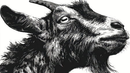 This detailed monochrome illustration features a goat head with striking features, including prominent horns and textured fur. The image utilizes varying shades of gray to create depth and dimension. It's a clean, simple composition with a focus on the subject, suitable for various uses.の素材