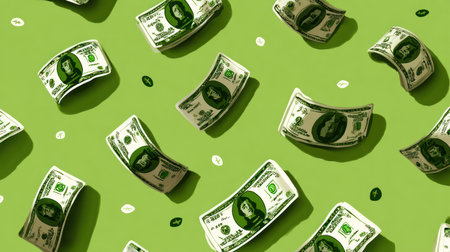 Numerous dollar bills are scattered across a bright green surface. The illustration showcases a repeating pattern of folded currency, suggesting financial themes. The composition features a flat design with soft shadows, creating a whimsical effect. This image is suitable for illustrating concepts related to money, finance, and wealth.の素材