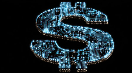 The image features a glowing dollar sign constructed from intricate circuits, radiating with a cool blue hue against a stark black background. It showcases a modern aesthetic with detailed textures and lighting, possibly indicating technological advancement. Suitable for commercial purposes, it could be used in presentations about financial innovation.の素材