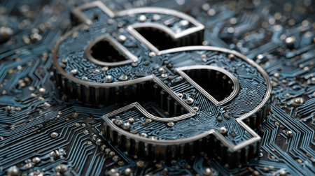 An overhead view reveals a stylized dollar sign, textured and metallic, resting on a circuit board. The image is rich in blues and silvers, with focused lighting that enhances the details. This composition suggests concepts of finance, technology, and global markets, suitable for varied commercial and illustrative uses.の素材