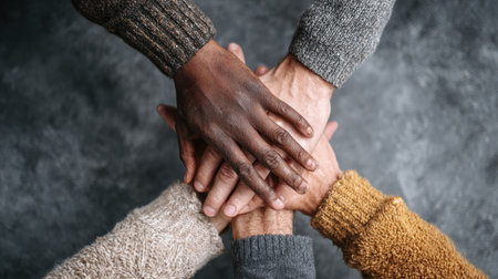 An image showcases a close-up of hands joined together, forming a united group. The photograph highlights diverse skin tones and textures. The composition uses soft lighting and a neutral background. This image is suitable for various commercial uses, including representing collaboration and unity.の素材