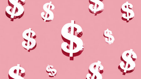 Numerous white dollar symbols are scattered across a soft pink background. The symbols, rendered with shadows, create a sense of depth and visual interest. The composition utilizes a simple, clean aesthetic with focused lighting. This image may be used for various commercial projects related to finance, wealth, and economics.の素材