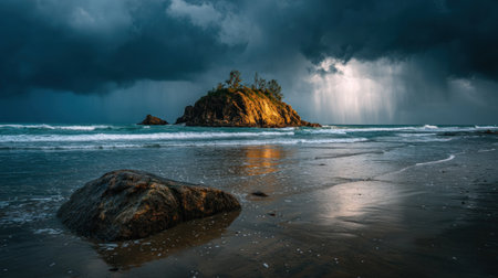 An island, marked by trees and sunlight, is centered amidst ocean waves under a dark, overcast sky. The foreground shows a wet beach and a large rock. The image has a moody, atmospheric aesthetic, with a cool color palette and contrasting light. Suitable for various editorial and commercial projects that require evocative visual content.の素材