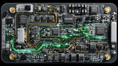 This image showcases a detailed electronic circuit board featuring interconnected components. The composition highlights the intricate network of pathways and chips. The color scheme combines shades of black, green, and gold. It has a high-tech style. This visual could be used for illustrating technology concepts or design elements.の素材