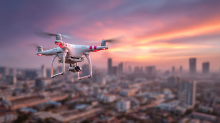 A drone is captured in flight, set against a vibrant sunset sky and a distant city skyline. The image displays a cool color palette with soft focus on the background. This aerial shot may be suitable for media projects, technology articles, and commercial applications related to cinematography.の素材