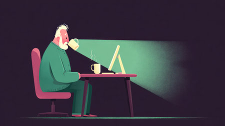 An illustration depicts an older man sitting at a desk, focused on a computer screen. The man sips coffee from a mug under a spotlight. The scene uses a flat, minimalist style, with a limited color palette. The image conveys a sense of quiet concentration and could be used for various projects related to work and technology.の素材