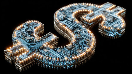 The image showcases a dollar sign constructed from electronic circuitry, illuminated against a dark backdrop. The composition features intricate circuit board details and warm, inviting lighting. This visual highlights digital finance, technology and financial innovation. The image is appropriate for financial, technological, and design-related commercial applications.の素材
