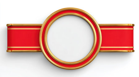 A close-up view displays a circular gold frame accompanied by a red ribbon. The design features a white center within the frame, complemented by gold accents. The composition employs overhead lighting and a bright, isolated background. This imagery is suitable for design projects and commercial applications.の素材