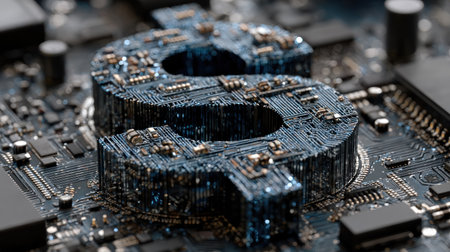 A close-up image showcases a dollar sign constructed from intricate electronic circuits. The sign is rendered in shades of blue and black, with detailed components and textures. The composition suggests a connection to finance and technology. This image could be suitable for articles related to digital currency or business.の素材
