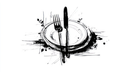 An artistic depiction presents a plate, fork, and knife arrangement, rendered in expressive brushstrokes. The black and white composition emphasizes the shapes and textures. This minimalist style suggests culinary themes, ideal for various design applications. It has potential for use in projects related to dining and food.の素材