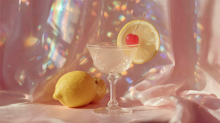 A classic cocktail glass is the focal point, adorned with a lemon wheel and a vibrant red cherry. A whole lemon rests beside it. The scene presents a soft, diffused lighting effect with a subtle pink hue and fabric texture, which suggests a studio setup or indoor environment suitable for advertising or editorial content.の素材