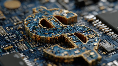 An artistic representation shows a dollar sign constructed with blue circuit board components placed over a similar background. The intricate design highlights technological aspects. Suitable for illustrating ideas related to finance, technology, digital currency, and global economics. Perfect for various commercial and editorial applications.の素材