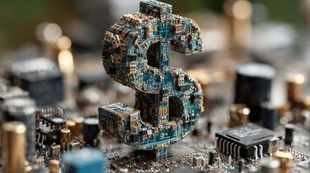 A close-up captures a dollar sign composed of circuit board components. The design displays intricate textures and colors, with a shallow depth of field enhancing focus on the subject. The setting is likely indoors, highlighting the concept of digital currency and financial technology for various commercial applications.の素材