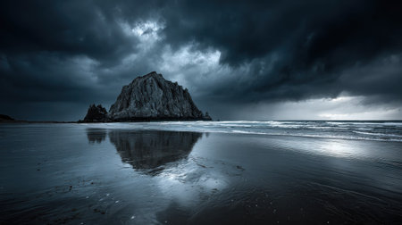 A striking scene features a large rock formation near the ocean, under a moody, overcast sky. The image showcases dark blues and grays, with the rock's reflection creating symmetry. The composition evokes a sense of vastness and solitude, suitable for editorial content or environmental campaigns.の素材