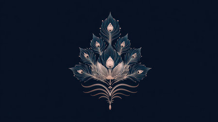 An artistic representation features a stylized peacock feather design. The composition showcases a dark background highlighting the detailed design. Soft, neutral tones and metallic accents create a luxurious feel. The image is suitable for various design projects and editorial uses.の素材