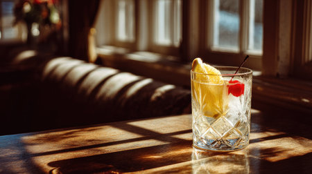 A refreshing cocktail is presented in a clear, patterned glass, garnished with a cherry and citrus fruit. The drink is placed on a wooden surface, with bright sunlight streaming through a nearby window. The composition suggests a relaxed atmosphere, suitable for various promotional and editorial applications.の素材