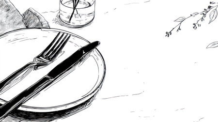 An artistic monochrome illustration portrays a refined table arrangement. A white plate, fork, and knife are centrally positioned. The composition highlights contrasting light and shadow with minimalist style. It would be suitable for culinary blogs, restaurant promotions, or creative design projects.の素材