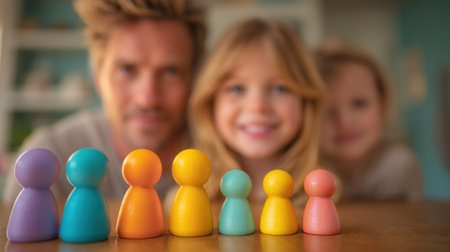 A family plays a board game with colorful, stylized wooden figures. The composition has shallow depth of field, with the figures in sharp focus against a blurred backdrop featuring parents and a child. The scene uses warm lighting to create a cozy, domestic environment. Suitable for editorial or commercial purposes.の素材