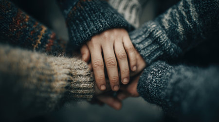 Close-up of hands in a circle demonstrates unity. The composition displays soft textures and various tones of blue, brown, and beige. The lighting creates a subtle atmosphere. This image is suitable for illustrating concepts of teamwork, cooperation, and support in various contexts.の素材