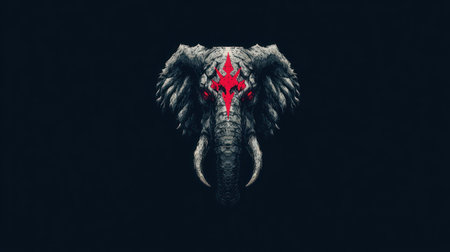 An elephant head design is centered against a dark background, evoking a sense of artistic symbolism. The image showcases detailed textures, primarily in shades of gray, contrasted by a bold red accent. The composition likely aims for visual impact, suitable for various editorial and commercial applications.の素材