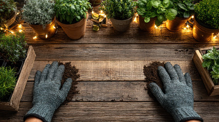 A gardener wearing gloves is shown handling soil on a wooden table, preparing for planting. Potted plants of various sizes and types are displayed nearby. Warm lighting highlights the natural textures of the wood and the greenery, creating a rustic feel. This image can be used for projects related to gardening and nature.の素材