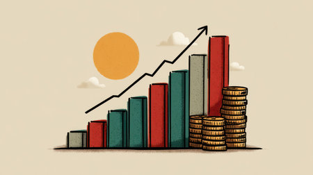 An illustration depicts financial growth, featuring a bar chart and a rising arrow. The composition uses a warm color palette with red, green, and brown tones. Soft lighting and a simplified drawing style create a clean aesthetic. Suitable for business, finance, and investment related content.の素材