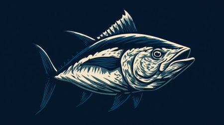 An illustration features a tuna fish rendered in grayscale against a deep blue backdrop. The image showcases the fish's form with detailed lines and highlights. This graphic design could be suitable for various applications, like web design elements, prints, or educational materials.の素材
