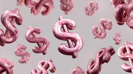 Numerous pink dollar sign symbols are depicted floating in a blurred background. The image presents a glossy texture with a soft lighting effect. The composition is a repeating pattern, suggesting themes of financial success and prosperity. Suitable for various design projects related to finance or economics.の素材