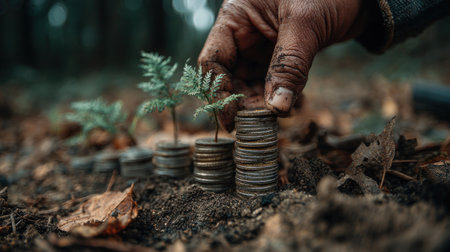An image shows a hand planting a small tree beside several stacks of coins. The scene is outdoors with dark soil and fallen leaves, suggesting a natural environment. The composition features soft lighting and a blurred background. The image could be used for various commercial projects related to finance or environmental concepts.の素材