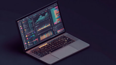 A laptop is open, showcasing a detailed data analysis interface. The screen displays various charts and graphs with a color palette of blues, greens, and pinks. The composition features strong lighting and a minimalist style against a dark backdrop. Suitable for presentations and marketing materials.の素材
