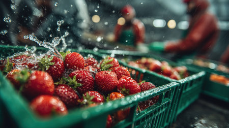 This image showcases a close-up of fresh strawberries being washed in a commercial setting. The vibrant red berries are placed in green containers, with water droplets creating a dynamic visual effect. The composition suggests a focused, industrious environment, possibly suitable for promotional or editorial purposes.の素材