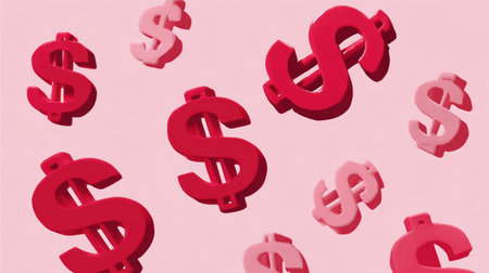The image showcases multiple red dollar sign symbols suspended against a soft pink backdrop. These financial icons are presented in a three-dimensional style, creating depth and visual interest. The composition utilizes a diffused lighting technique, emphasizing the color contrast. This imagery is suitable for various commercial purposes, including financial themes and business illustrations.の素材