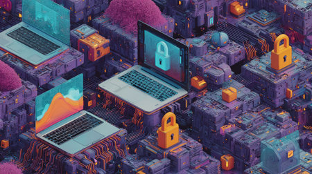 An isometric illustration depicts laptops and padlocks in a digital environment. The scene utilizes a vibrant color palette, with purple and teal hues dominating. The composition appears stylized with a digital, futuristic design. This image is potentially suitable for various commercial uses related to technology, security, and data protection.の素材