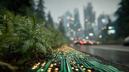 A close-up image features a green plant and a circuit board, leading the eye towards a blurred urban landscape. The scene displays elements of technology, nature, and city life. It can be used for various purposes such as design, illustration, and conceptual articles.の素材
