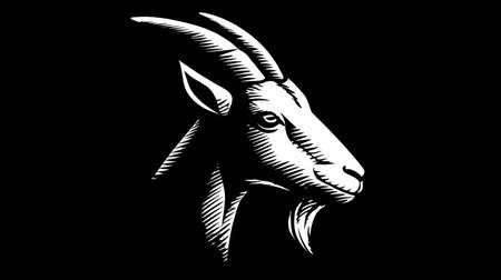 This graphic showcases a goat's head rendered in stark contrast against a dark backdrop. The image utilizes a black and white color scheme, emphasizing texture through precise line work. It suggests potential application in various design projects, including logos or illustrations, offering versatility for commercial and editorial purposes.の素材