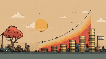 An illustration depicts the concept of financial growth. A rising line charts upward over stacks of coins. The image features a warm color palette with an orange sunset. This graphic is suitable for use in business presentations, financial articles, or other commercial purposes.の素材