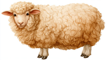 This illustration features a sheep with soft, textured wool. The image displays a side view of the animal, rendered with warm colors and highlights. The detailed style suggests a naturalistic approach. Suitable for various applications, this image is ideal for use in educational materials or design projects.の素材