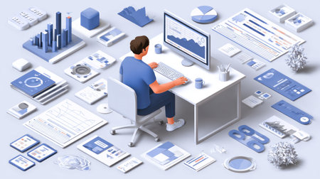 An isometric illustration depicts a person sitting at a desk and interacting with a computer. The scene is filled with data visualization elements such as charts and graphs. The composition uses a flat, graphic style with cool colors, suggesting a modern workplace environment. Suitable for presentations and marketing materials.の素材