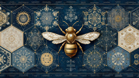 A detailed illustration presents a bee with golden hues, positioned against a backdrop of geometric patterns. The design incorporates intricate details, set against a rich blue background, with hexagonal and circular shapes. Suitable for a range of creative projects, the image has potential for commercial or editorial use.の素材