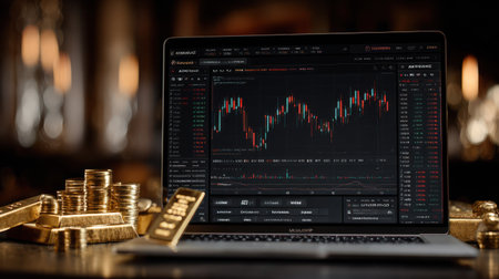 A laptop screen showcases a stock market graph, accompanied by stacks of gold bars and coins. The scene presents a dark, professional setting with soft lighting. This imagery may be used to illustrate finance, investment, or trading concepts. It is suitable for commercial use in various contexts.の素材