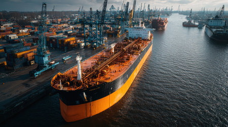 A large cargo ship is docked in a port, surrounded by cranes and shipping containers. The vessel features a black and orange hull. Overhead lighting illuminates the scene, and the overall composition suggests a busy industrial environment. Suitable for editorial or commercial projects related to logistics and transportation.の素材