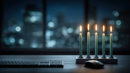 Candles illuminate a desk with a blurred cityscape background. The scene showcases candles in a holder with warm light contrasting against the cool tones of the city lights. This image features a shallow depth of field, emphasizing the candles and potentially suitable for various commercial uses.の素材