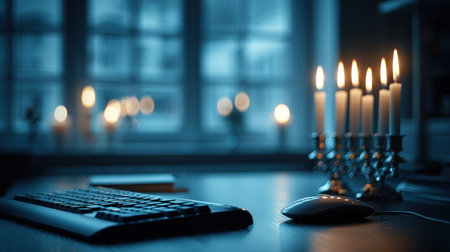 A close-up shot features a candle holder with lit candles next to a computer mouse and keyboard. The scene has a soft focus with a dark, cool color palette, enhancing the low-light ambiance. This image is suitable for various projects, including editorial features and website designs, providing an evocative visual element.の素材