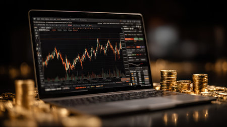 A laptop screen displays financial data with a dark background. Gold coins surround the laptop. The image features warm colors and shallow depth of field, suggesting a focus on finance. Suitable for illustrating concepts of investment, economics, and business growth. The image could be used in various commercial applications.の素材