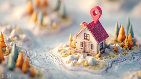 A miniature house sits atop a map, accented by a prominent location marker, suggesting real estate or travel themes. The scene employs soft textures and a shallow depth of field, emphasizing the model. Rendered in a whimsical style, the illustration could be suitable for digital marketing, web design, or editorial content.の素材