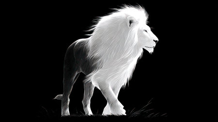A striking illustration depicts a white lion in profile, set against a stark black backdrop. The animal's fur is rendered with detailed textures, emphasizing its mane. The monochromatic color scheme enhances the dramatic lighting and overall composition. Suitable for various design projects, this image could be used for editorial purposes.の素材
