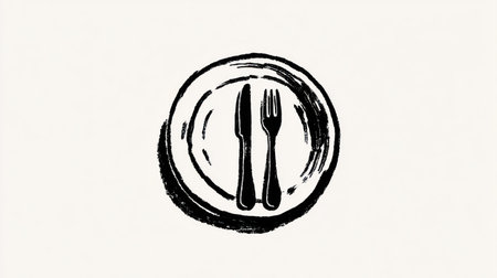 This black and white illustration depicts a plate, knife, and fork, arranged in a dining setting. The simple line art style offers a clean look, set against a neutral background. The composition suggests a focused view suitable for various applications. It could be useful for projects related to food, restaurants, or dining concepts.の素材